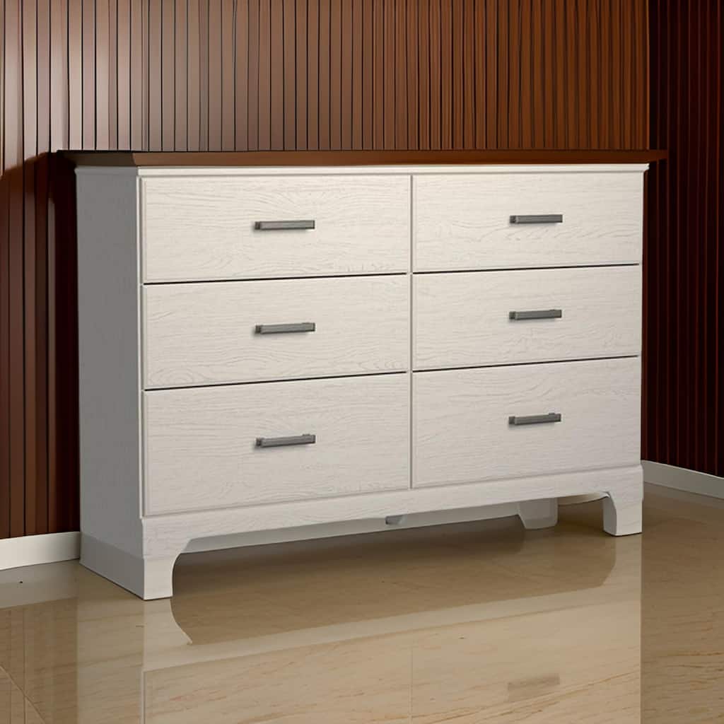 Tely 60 Inch Wide Dresser, 6 Drawers with Pewter Handles, White Wood