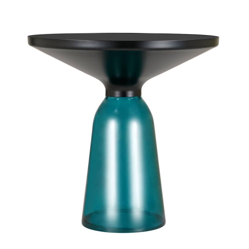 19-Inch Side Table Round Glass/Stone Tabletop End Table with Black Iron Rim and Glass Base