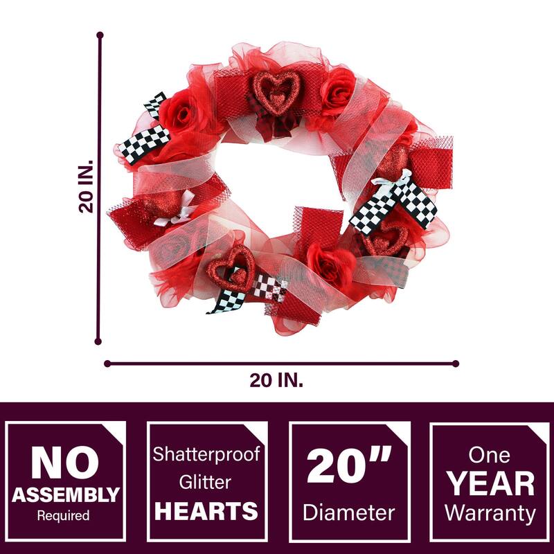 Fraser Hill Farm 20-In. Valentine's Day Ribbon Wreath w/Roses, Bows, Glitter Hearts, Festive Hanging Door, Wall Decoration
