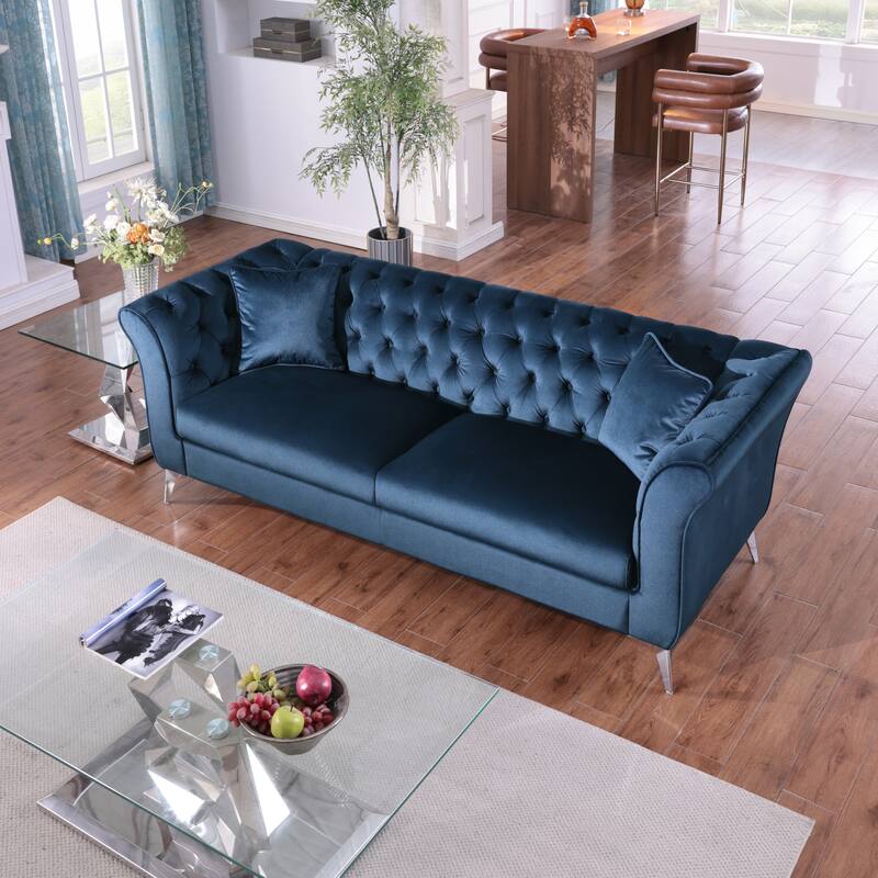 Chesterfield Velvet Upholstered 3 Seater Sofa, Tufted Button Deep Seat Sofa, Stanford Sofa with Scroll Arms & Scroll Back