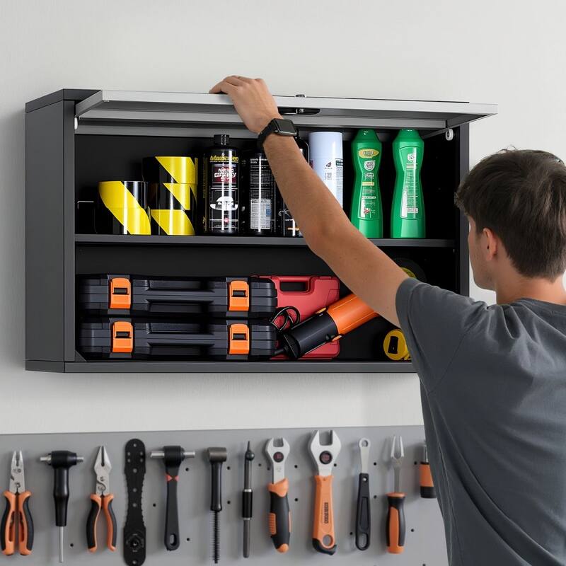 Black Wall Mounted Storage Cabinet for Garage Kitchen Workshop with Flip-Up Doors and Lock - 27.56” x 12.01” x 19.69”