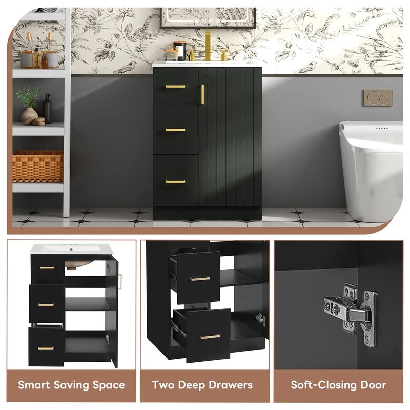 24-Inch Modern Bathroom Vanity with Sink, Freestanding Small Vanity Cabinet with 2 Drawers and Soft-Close Door