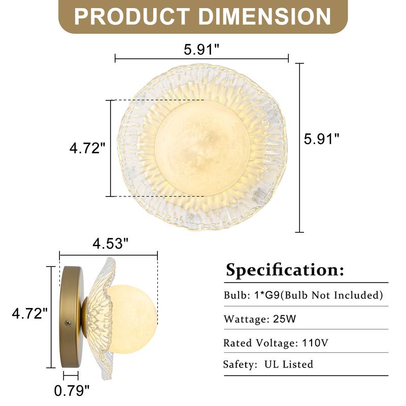 Gold Lotus Leaf Textured Glass Plate Wall Sconce Moon Globe Lampshade