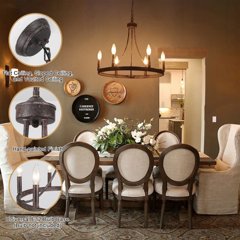 6-Light Farmhouse Candle Circle Hanging Wagon Wheel Chandelier Lighting for Kitchen Island
