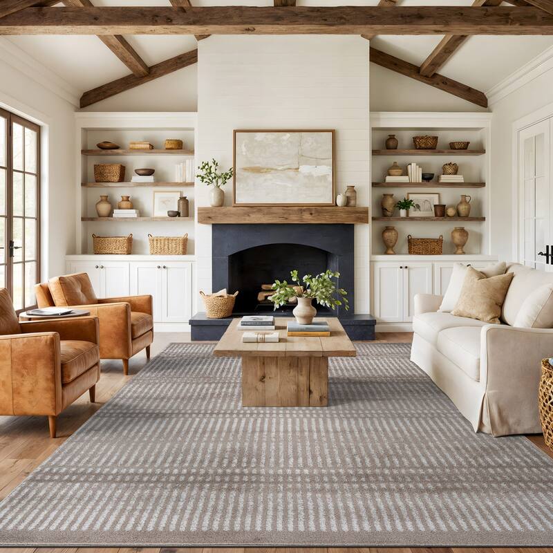 Contemporary Minimalistic Stripe LInes Area Rug - 7' 10" x 10' - Cream