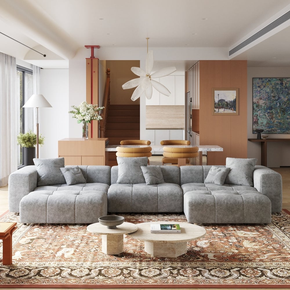 Extra Large U Shaped Linen Modular Sectional Couch with Ottoman for Living Room