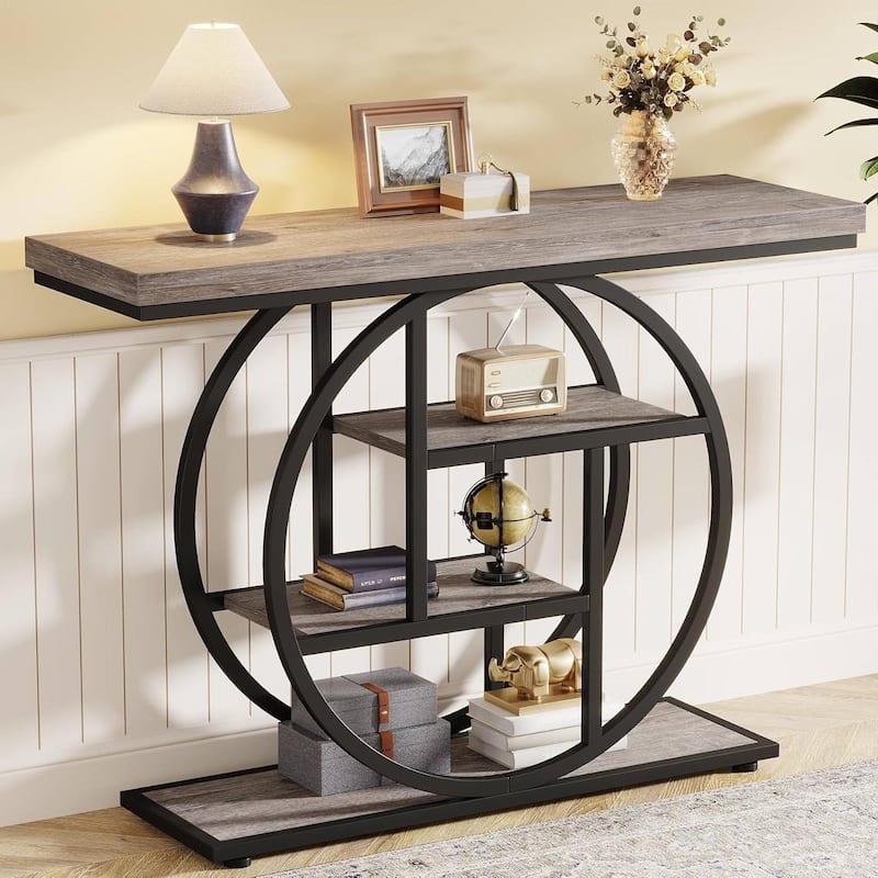 Modern Grey Wood Entryway Table 41-inch Narrow Console with Circular Metal Frame Shelves - 11.81"W x 41.34"L x 31.5"H