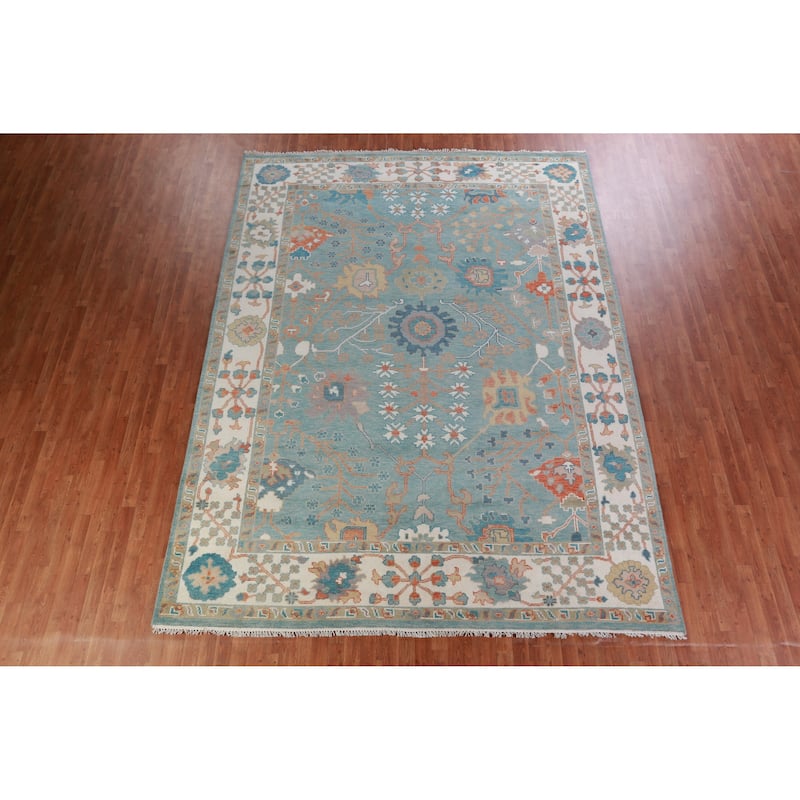 Hand Knotted Oriental 100% Wool Carpet Transitional All-Over Navy Blue & Blues Oushak Area Rug - 12' 4'' X 9' 2''
