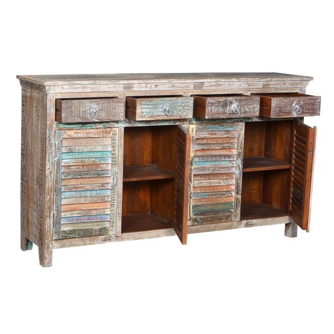 HomeRoots 72" Natural And Rainbow Reclaimed Wood Shutter Style Sideboard with Four Doors - 72.00 in. x 42.00 in. x 18.00 in.
