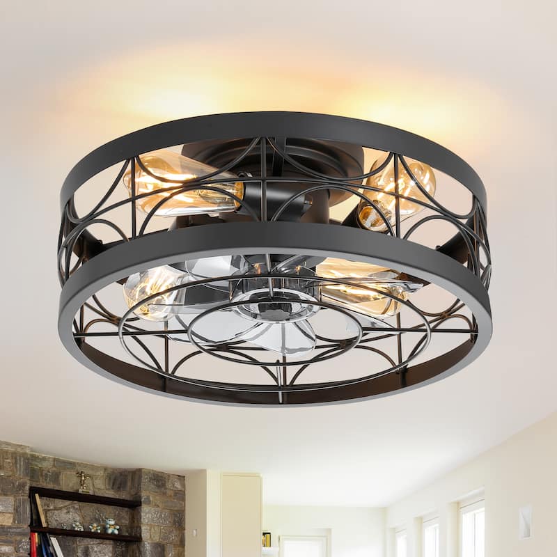 Breezary 16.5"/20" Vintage Distressed White/Matte Black Low Profile Ceiling Fan with Remote (7-Blade) - 16.5in - Matte Black-Open-Frame Ring