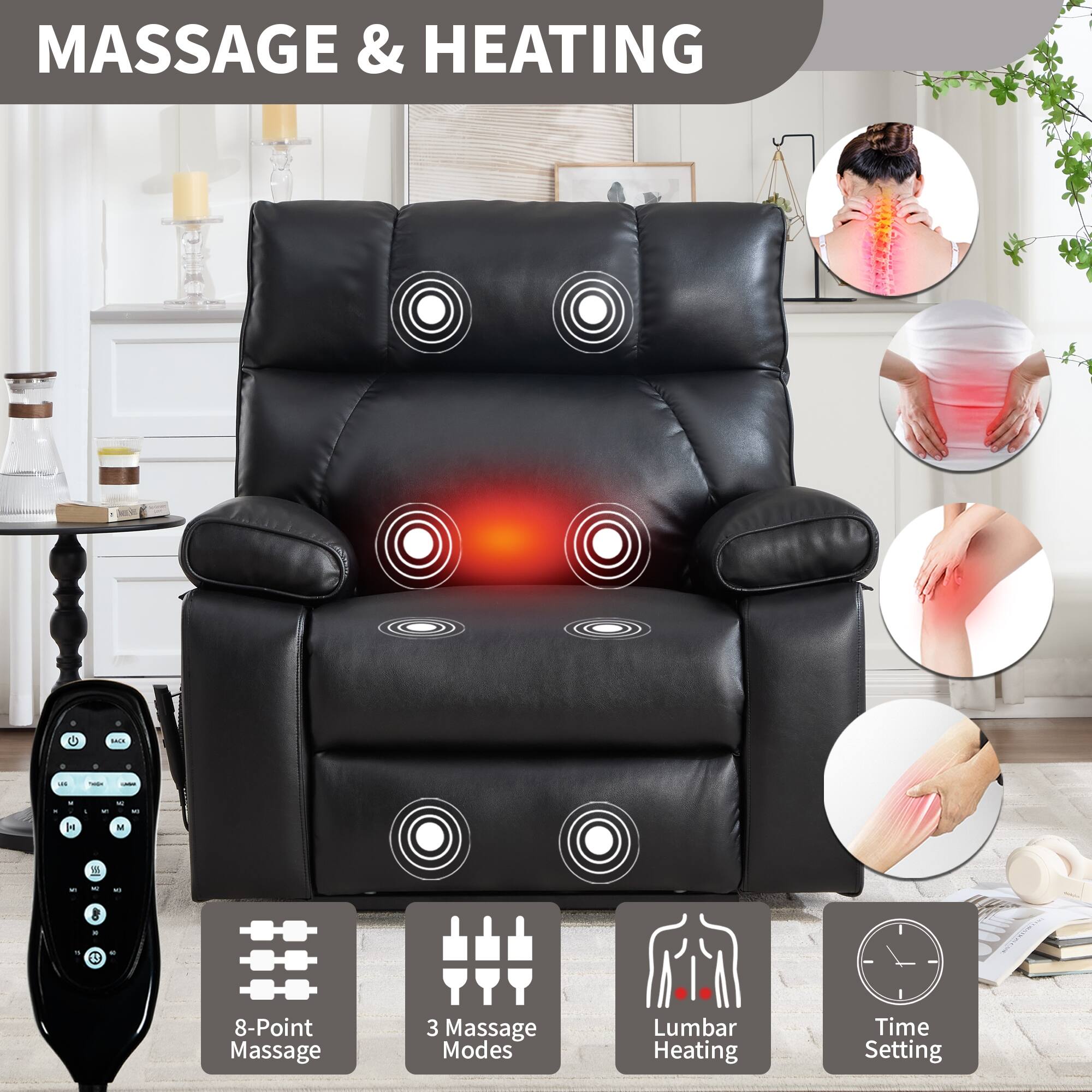 Black Massage Chair, Faux Leather Power Lift Recliner with Lumbar Heat and Side Pocket