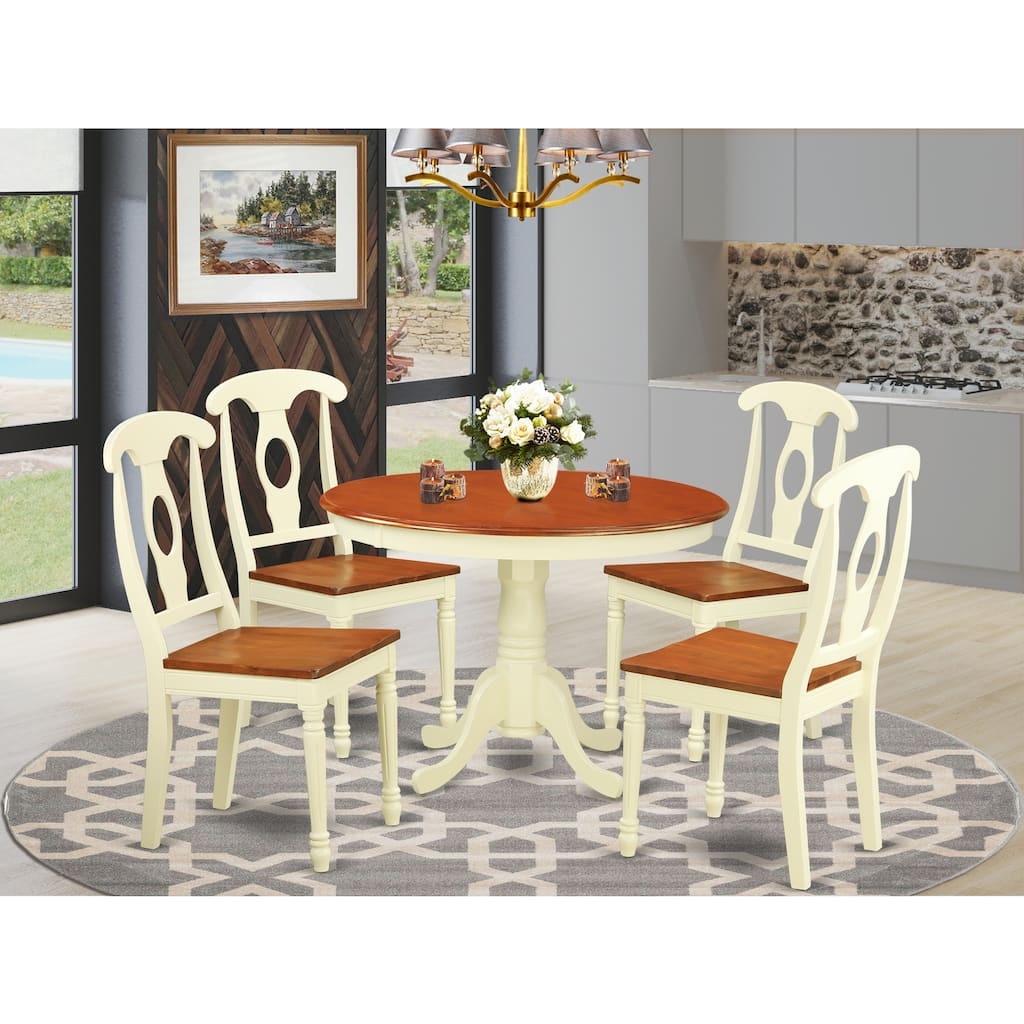 HomeStock 5-Piece Round Buttermilk and Cherry Finish Solid Wood Top Dining table with 4 Chairs with Lattice Back