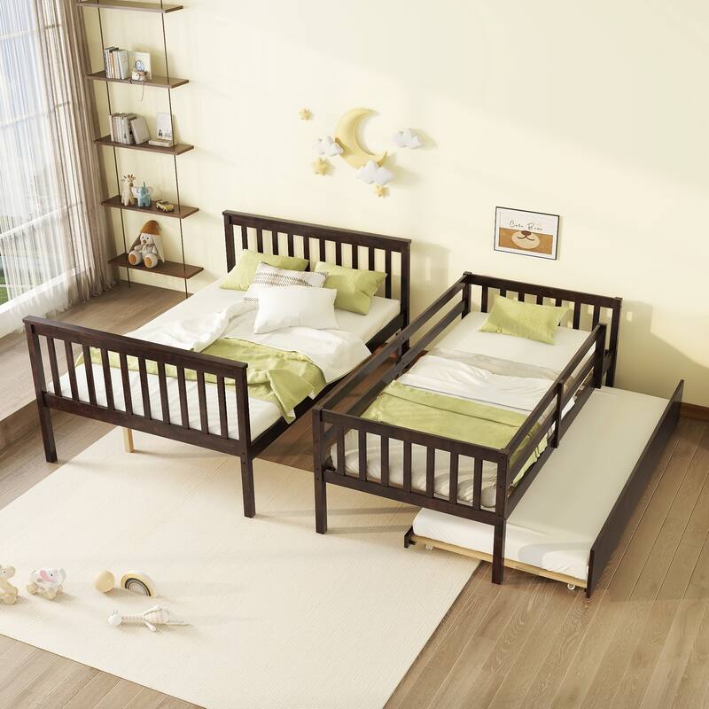 Roomfitters Twin Over Full Rubber Wood Bunk Bed with Trundle, Detachable Convertible Bunk Bed with Ladder and Guardrails