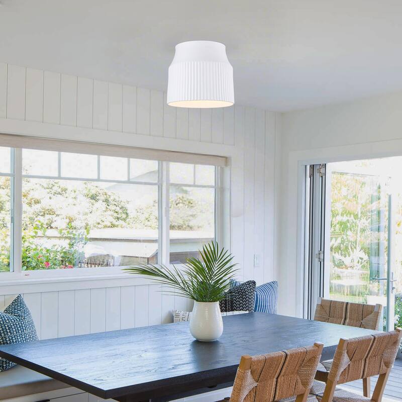 1-Light Matte White Flush Mount Ceiling Light with Ceramic Drum Shade - Dia.9.45-in