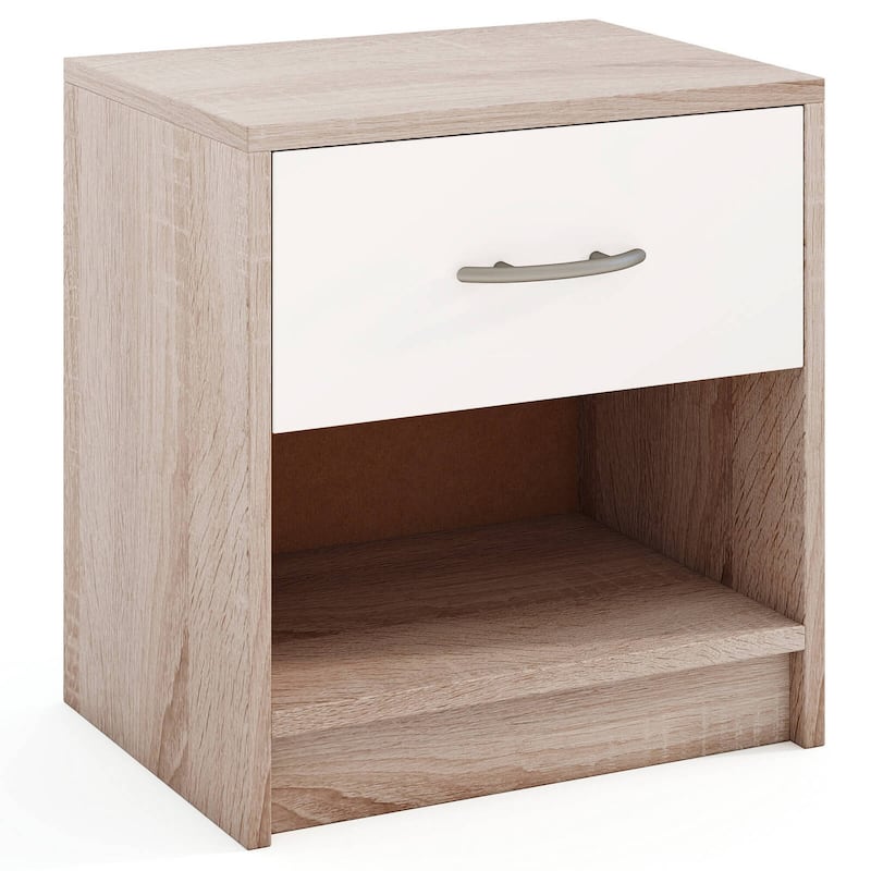 Costway Modern Nightstand Bedside Table with Drawer Open Storage Shelf - Natural & White