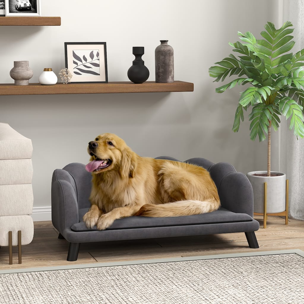 Charcoal Grey Velvet Birch Wood Pet Sofa with Foam Cushion - 38.75" L x 23.75" W x 14" H