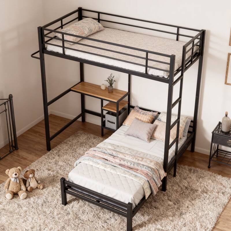 L-Shaped Twin Over Twin Bunk Bed with Desk, Storage Shelves & Safety Guardrail - Space Saving Metal Loft Bed for Teens & Adults - Black