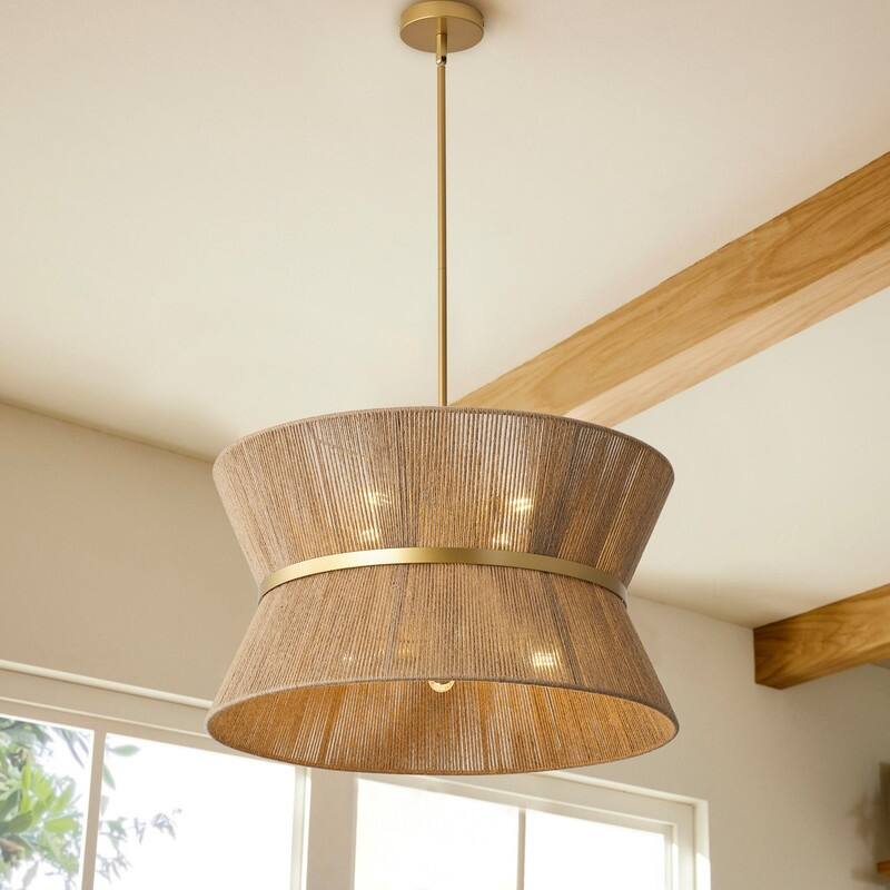 Boho 8 Light Pendant Chandelier Handwoven Natural Rope Shade with Antique Brass Finish