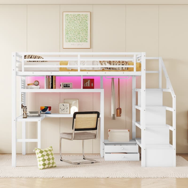 Full Size Loft Bed with LED Light and Charge Station