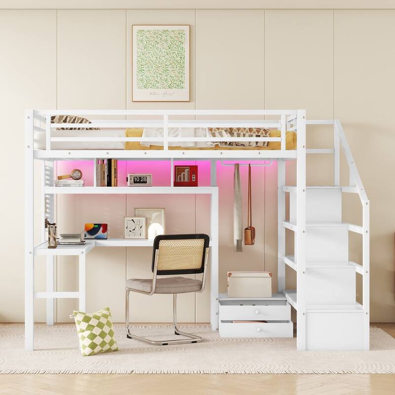 Full Size Metal Loft Bed with LED Lighting and Charging Station, Built-In Desk and Pegboard, Staircase Storage Wardrobe