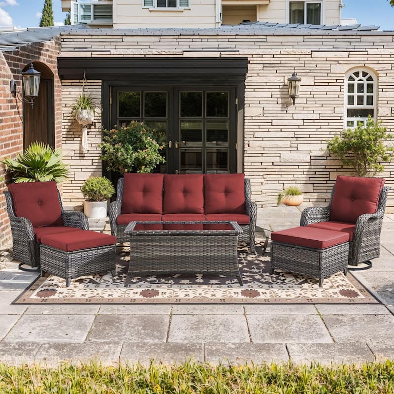 Pocassy Outdoor 4 Inch Sofa Swivel Chairs Table Ottoman - Grey Wicker Red Cushion - 6 Pieces 3-Seat Sofa Swivel Chair Table Ottoman