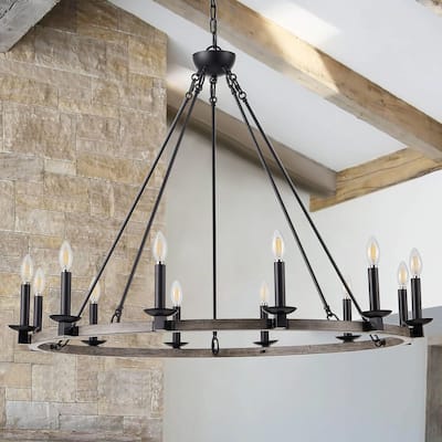 12-Lights Candle Wagon Wheel Chandelier - 39.4"D×4.7"W×75.2"H(Adjustable)