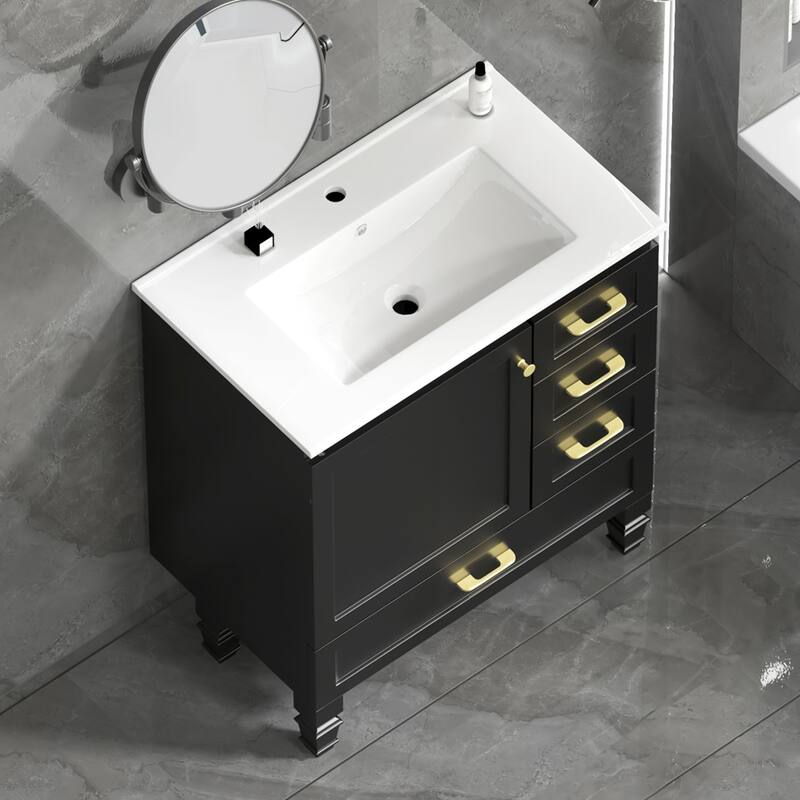 Bathroom Vanity with Ceramic Sink, Wooden Bathroom Storage Cabinet, Bathroom Cabinet with Soft Close Doors & 3 Drawers