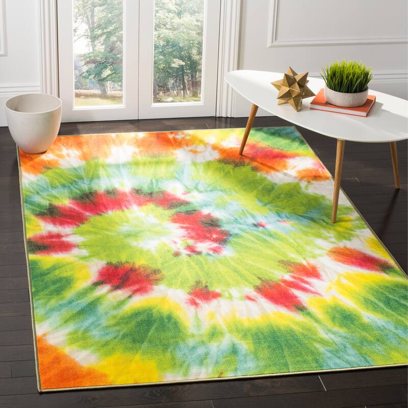SAFAVIEH Paint Brush Machine Washable Slip Resistant Ameetha Rug - 5'5" x 7'6" - Green/Orange