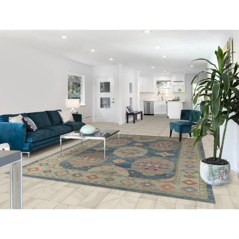 Hand Knotted Oriental 100% Wool Carpet Transitional Geometric Navy Blue & Blues Oushak Area Rug - 10' 7'' X 7' 11''