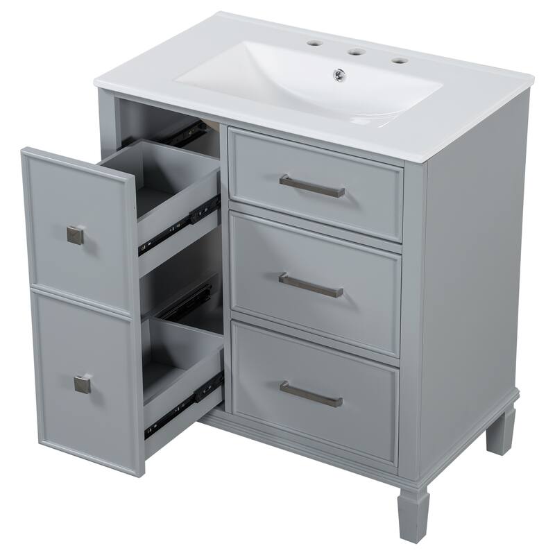 Freestanding Bathroom Vanity with Drop-In Rectangular Ceramic Sink, Flip-Out Drawer, Soft-Close Drawers and Solid Wood Legs