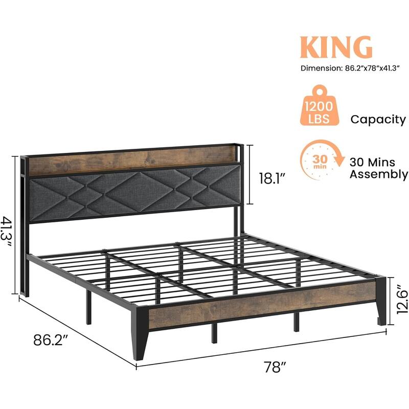 Metal Platform Bed Frame with Charging Station, Tufted Headboard, Storage Shelf & Steel Slats
