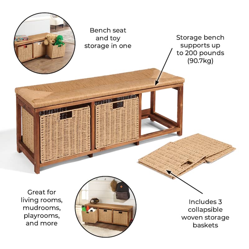 Badger Basket Kid's Storage Bench with Woven Top and Baskets - 41.5" x 13.75" x 15.75"