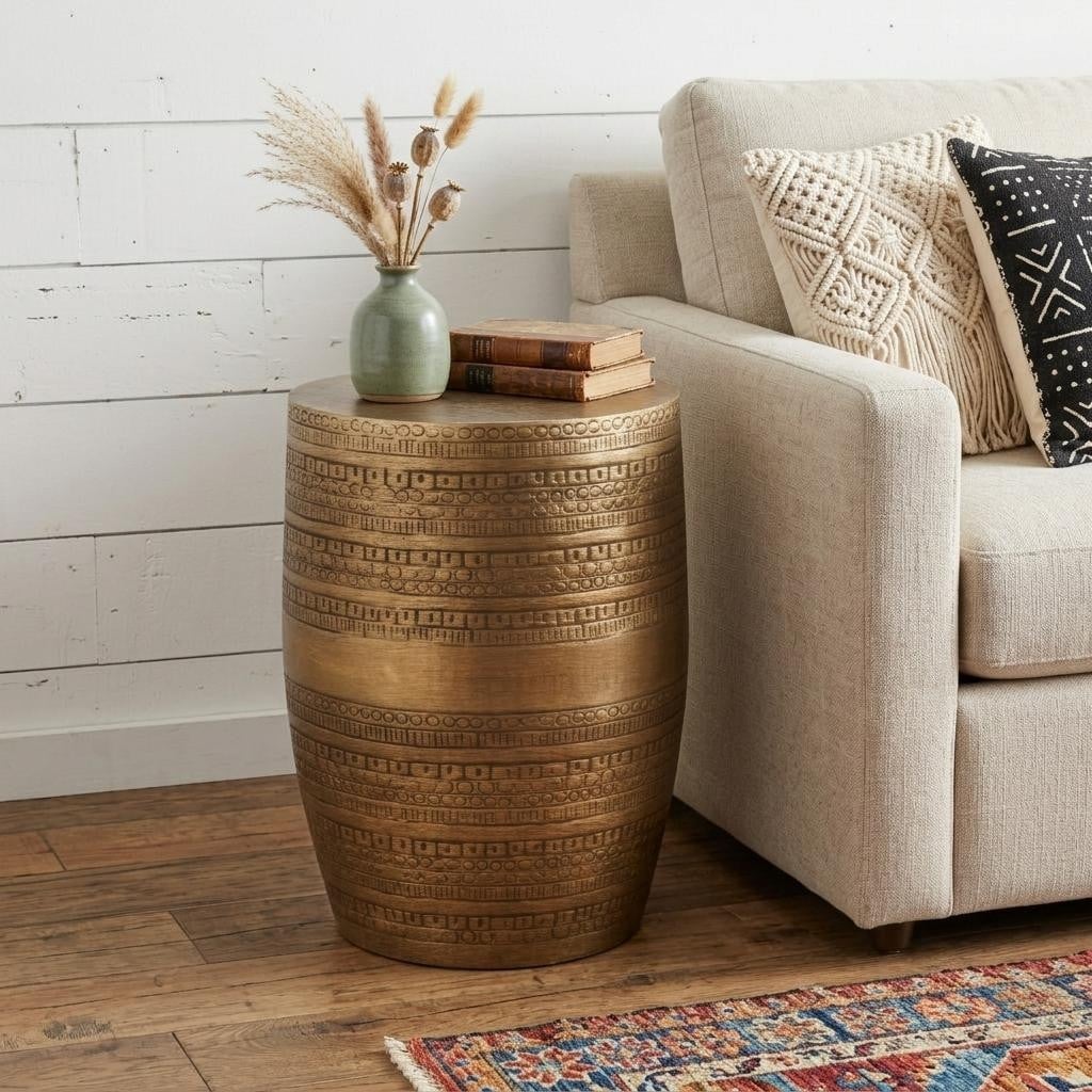 HomeRoots 20" Textured Antiqued Gold Distressed Iron Round Drum End Table - 15.00 in. x 19.70 in. x 15.00 in.