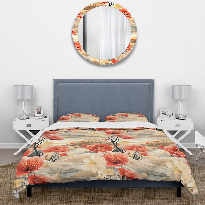 Designart "Sandy Beige Peonies Mirage Peach II" Orange cottage bedding set with shams