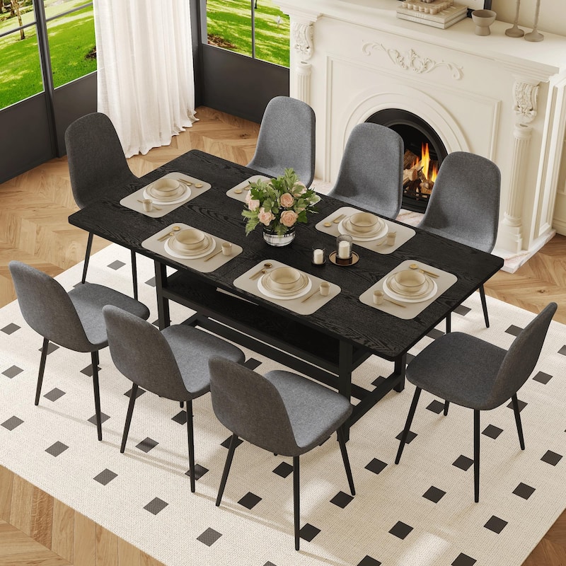 9-Piece Dining Table Set for 8, 71-Inch Rectangular Kitchen Table with 8 Linen Chairs, Modern Metal Frame Dining Room Set