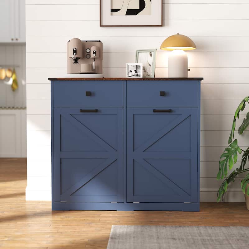 Farmhouse Double Tilt Out Trash Cabinet, Free Standing Recycling Cabinet with Hideaway Drawer, Barn Door Laundry Sorter Cabinet