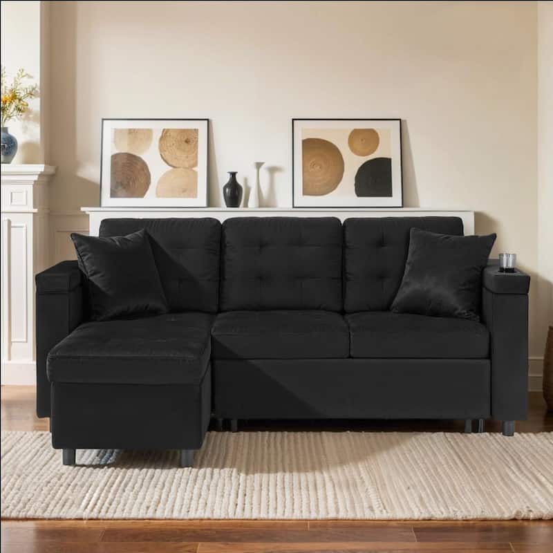 Pocassy 85" Velvet Sofa Bed with Chaise Pull Out Couch for Apartment Living Room