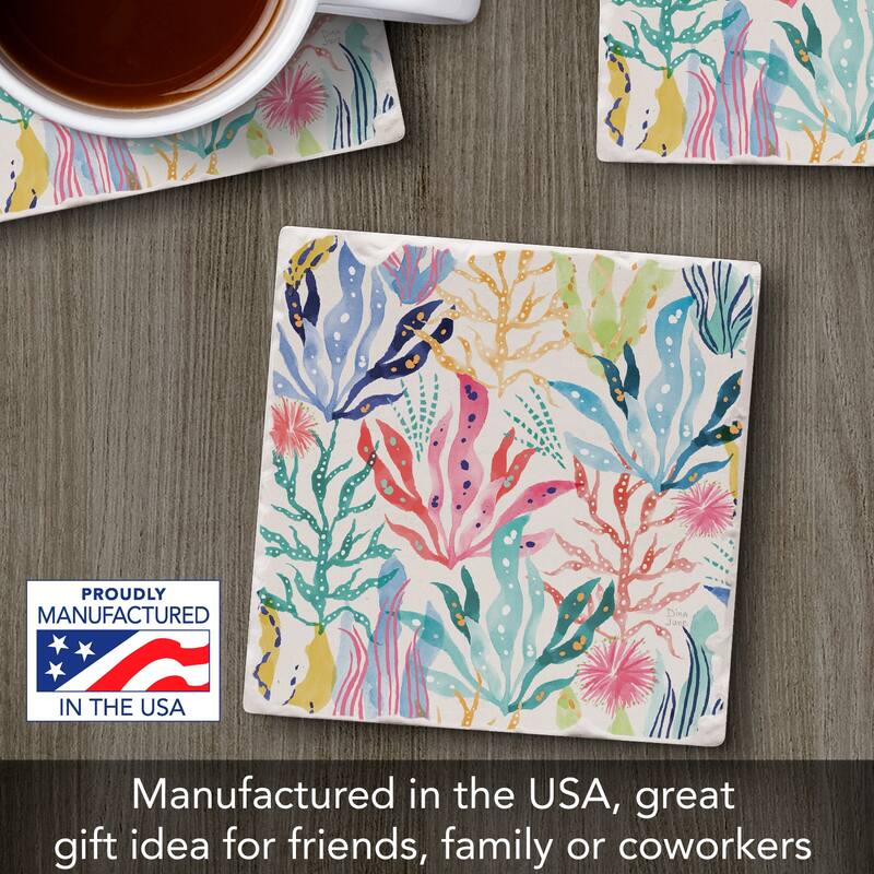 Coral Collection 4 Pack Absorbent Stone Coasters with Cork Backing 4" Square Made in The USA Absorbent Wipes Clean