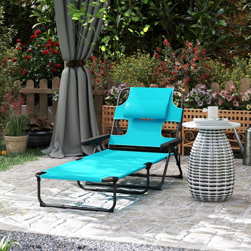 Outsunny Outdoor Chaise Lounge Chair with 4-level Reclining Back, Outdoor Tanning Chair with Reading Hole