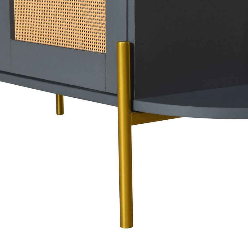 Curved Sideboard with Woven Rattan Doors and Open Storage - Dark Grey