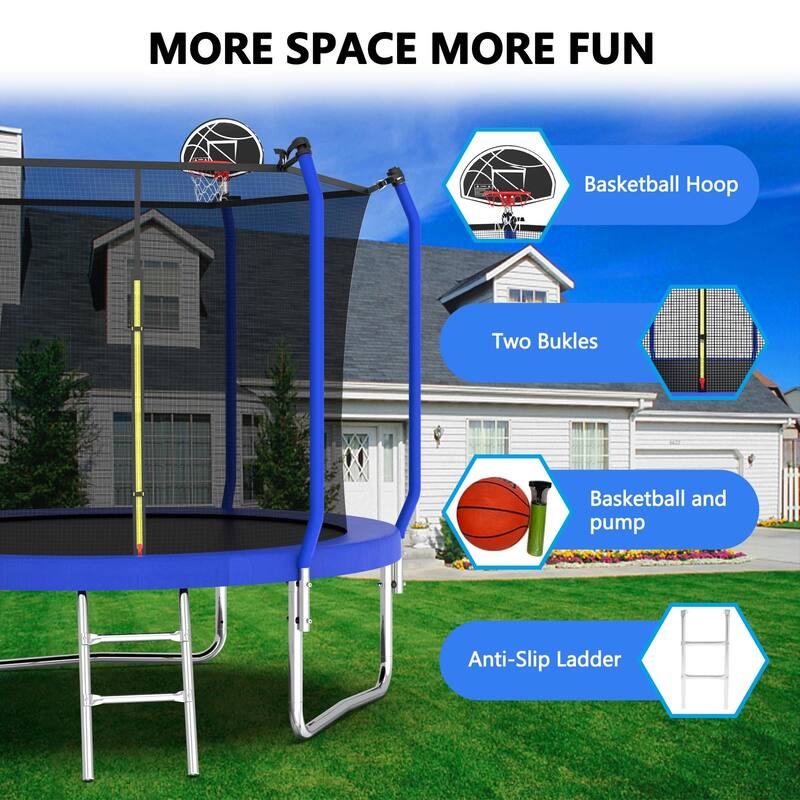 Outdoor Trampoline with Safety Net, Basketball Hoop & Ladder