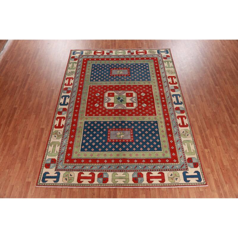 Hand Knotted Oriental 100% Wool Carpet Traditional Geometric Multi-Colored Kazak Area Rug - 11' 5'' X 8' 6''