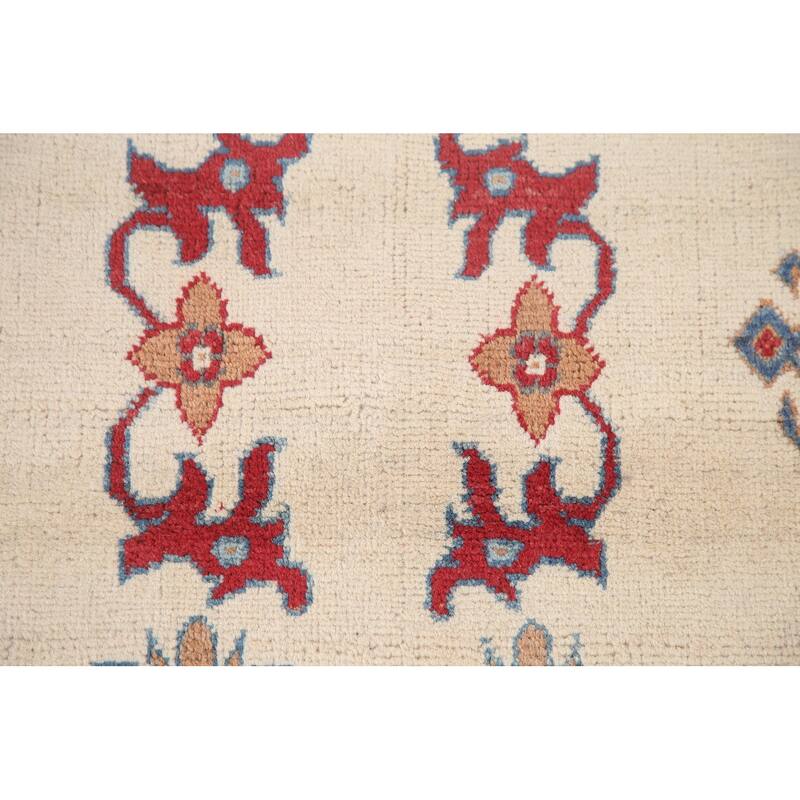 Hand Knotted Oriental 100% Wool Carpet Traditional Geometric Beige & Ivories Kazak Area Rug - 9' 11'' X 6' 8''