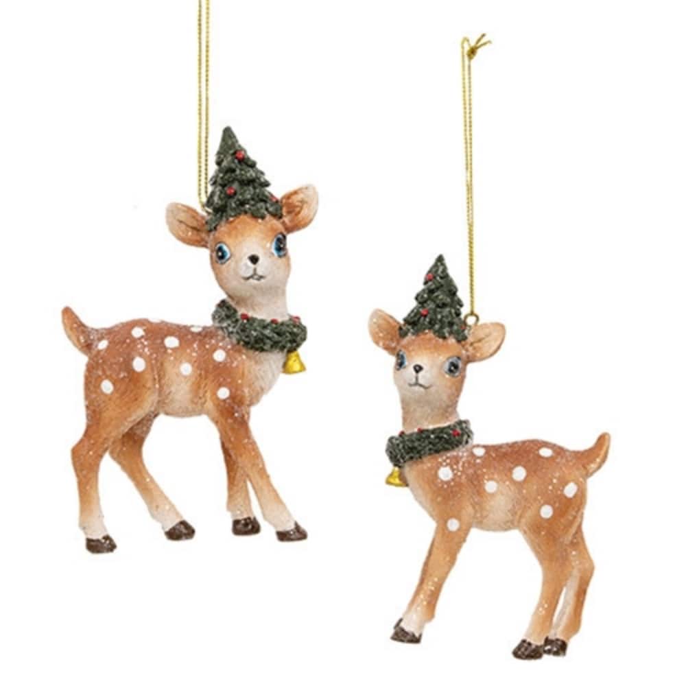 Resin Fawn Christmas Ornaments with Wreath and Tree Accents - 2 Asstd. - 5.25” high by 3.5” wide by 1” deep