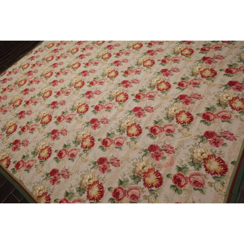 8'10''x11'11'' Hand Woven Wool Modern Floral Botanical Ivory French Aubusson Needlepoint Rug - 8' 10'' x 11' 11''