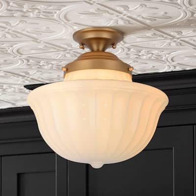1-Light 14.9" Gold Mid-Century Modern Geometric Milky White Glass Semi-Flush Mount Light - 14.9 in. W x 14.5 in. H
