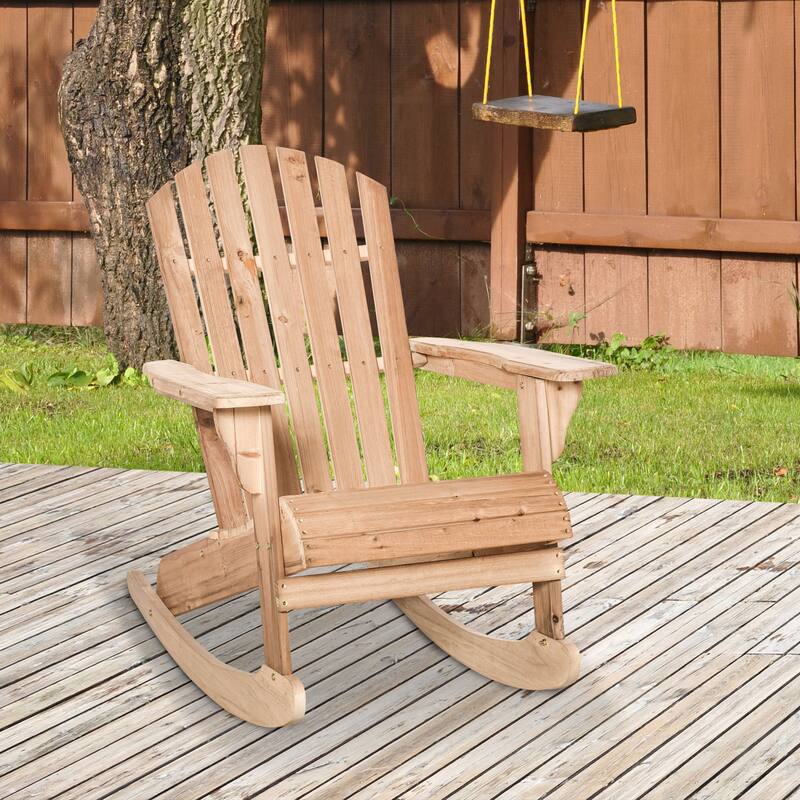 Outsunny Wooden Adirondack Rocking Chair with Slatted Wooden Design, Fanned Back, & Classic Rustic Style, Teak - Teak