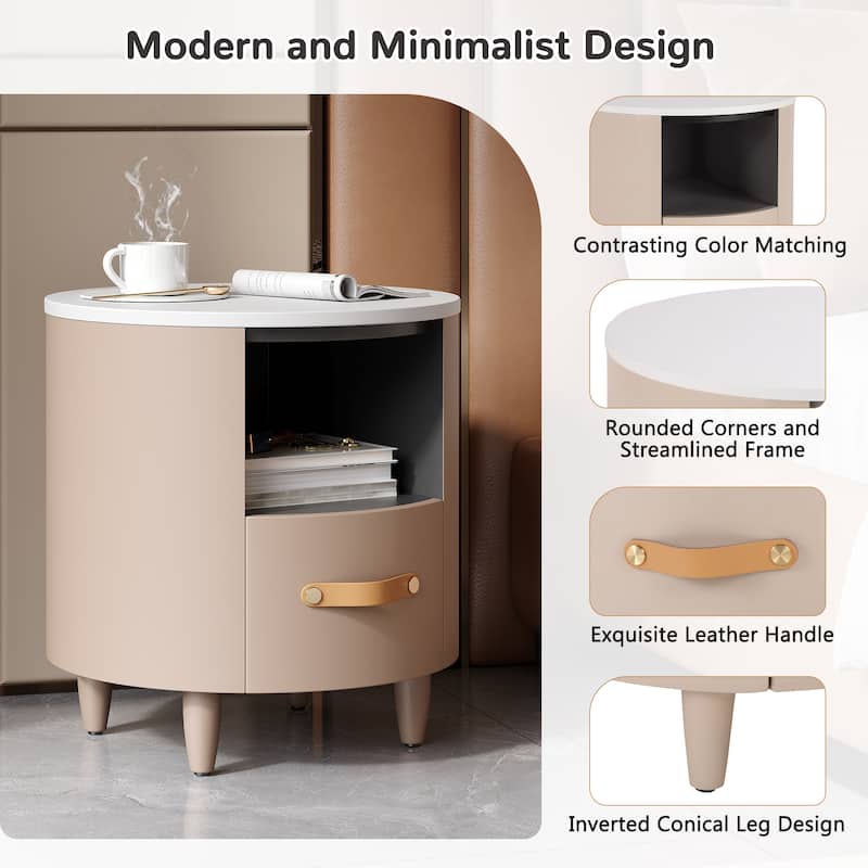 Round Nightstand with Drawer & Open Shelf, Nightstand with Leather Handle & Tapered Legs, Large Capacity Sofa Side Table