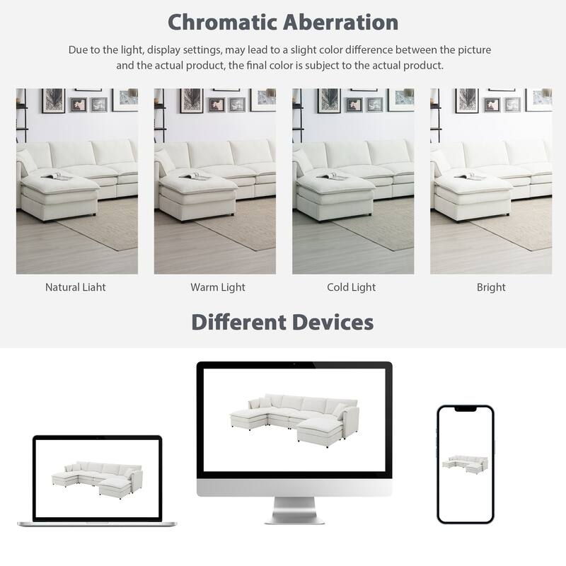 White 134" Chenille U-Shaped 6-Seat Modular Sectional Sofa with Double Cushions and Removable Ottomans for Added Comfort