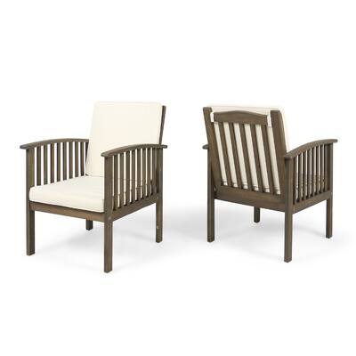 Gerry Outdoor Club Chair Set of 2, Cream Cushions, Slatted Dark Brown